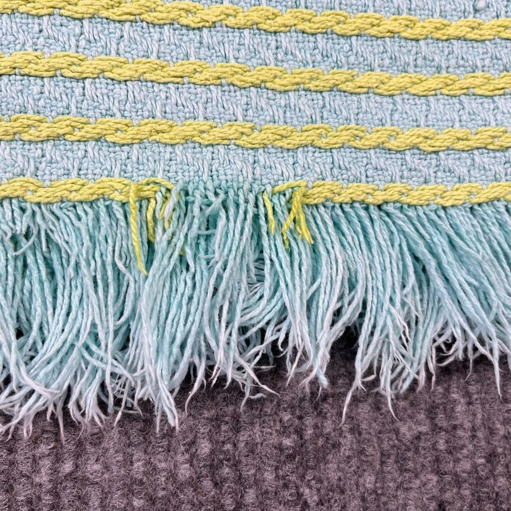 Vtg Knit Blanket Blue Yellow Fringe Unisex Cotton Throw Blanket - Picture 9 of 14